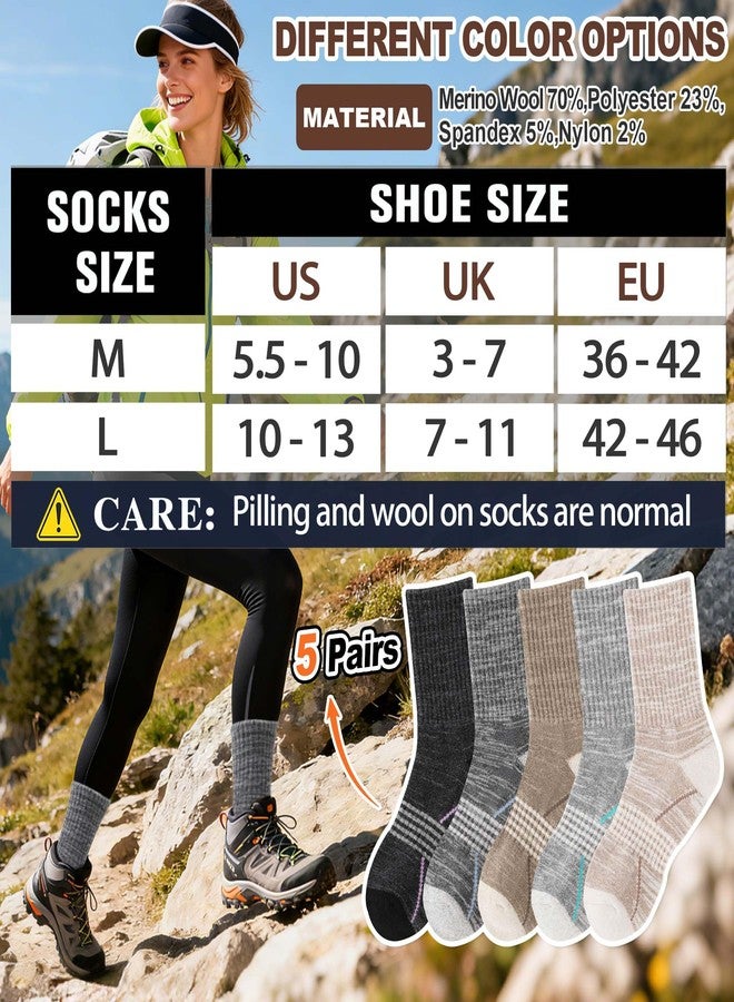 Sandsuced Merino Wool Hiking Socks Thermal Warm Winter Cozy Outdoor Crew Socks 5 Pairs Gift Stocking Stuffers for Women Men(Black/Khaki/Gray,M) - Image 5